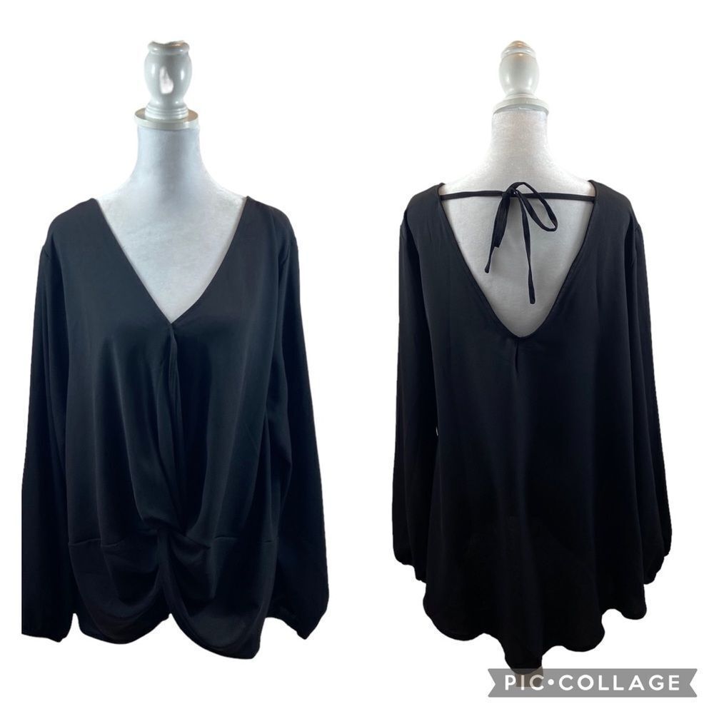 Ladies Twist Front V Back Long Sleeve Black Blouse Size 2X